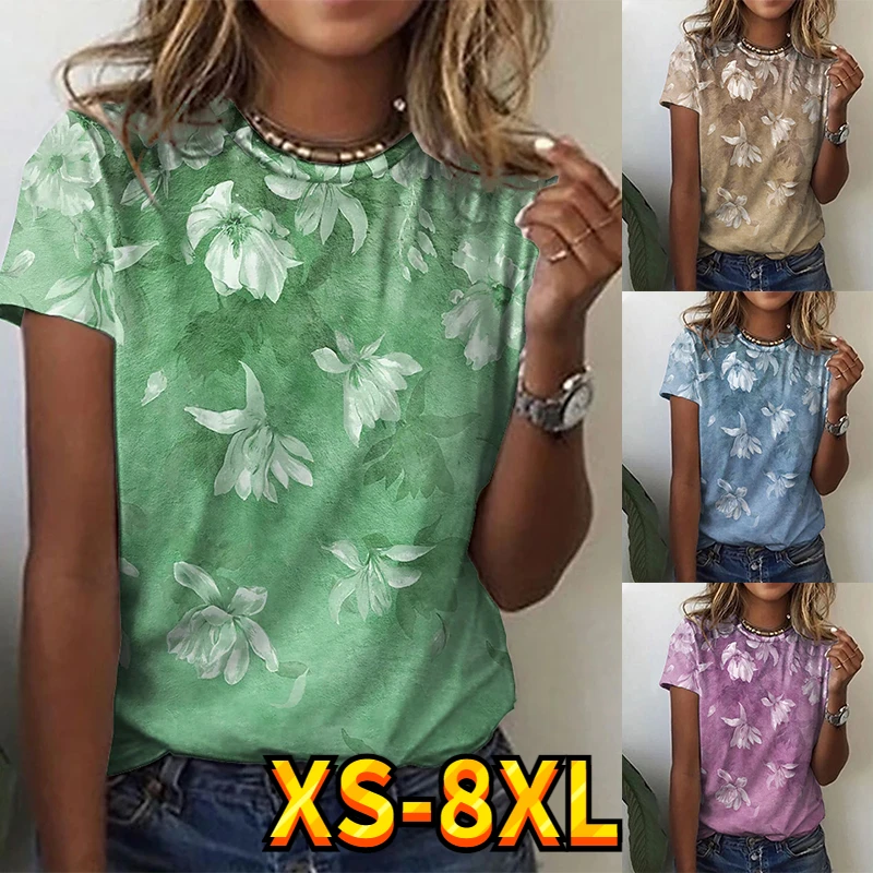 

Женская футболка с коротким рукавом, круглым вырезом и цветочным принтом