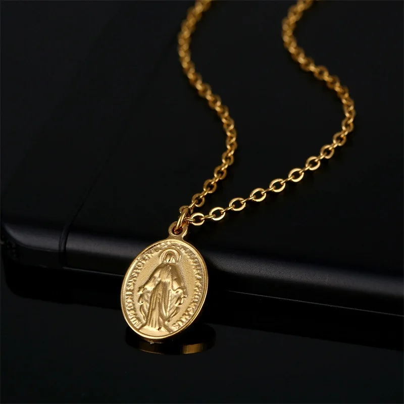 

Stainless Steel Virgin Mary Pendant Necklaces Holy Mother of God Religious Cross Pattern Choker Chain Women Jewelry Collier Gift