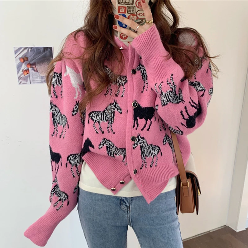 

Korea Chic Autumn O Neck Single-breasted Zebra Jacquard Loose Casual Long-sleeved Knitted Cardigan Soft Warm Sweater Women