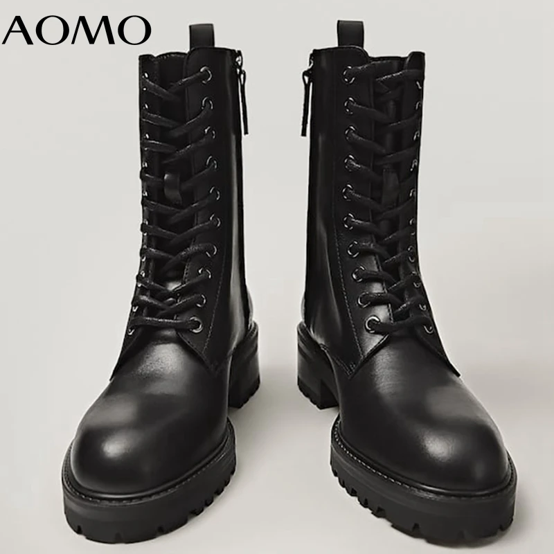 

AOMO 2021 England Vintage Fashion Cowhide High Top Martin Pumps Motorcycle Ankle Boots Women Zippers Botas Mujer Shoes AZH26