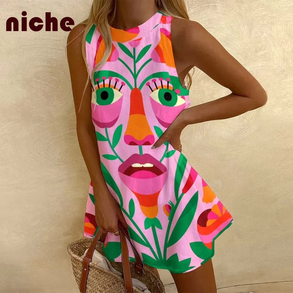 Платье женское из хлопка и льна шикарная модная юбка без рукавов с абстрактным