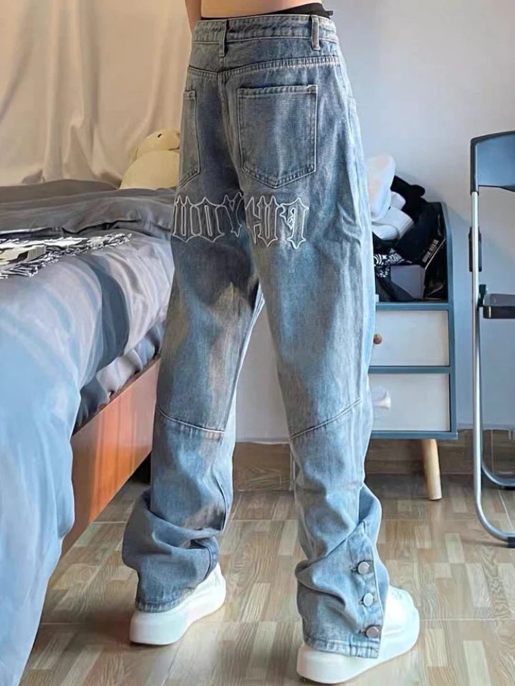 

2022 Spring and Autumn New Women Jeans Retro Embroidered Loose Button Slit Blue Jeans Baggy Vintage Streetwear Pants