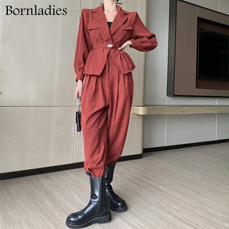 

Bornladies осенние комплекты из двух предметов корейские модные костюмы из блейзера женский свободный пиджак и брюки комплект из двух предметов...