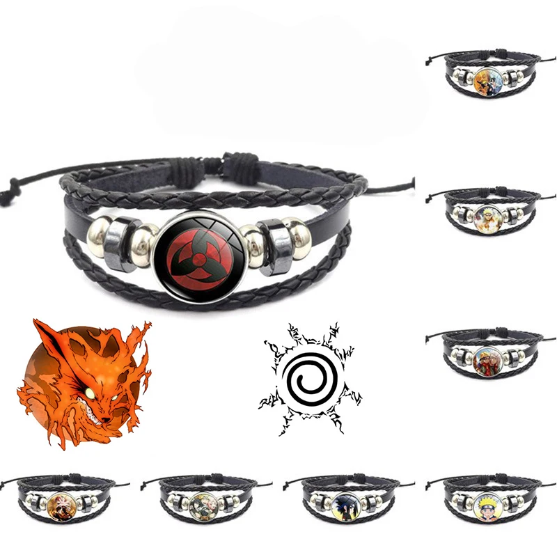 

Anime Naruto Toys Sharingan Eye Bracelets Uchiha Itachi Cartoon Figures Rinnegan Uchihas Madara Glass Bead Weave Leather Gifts