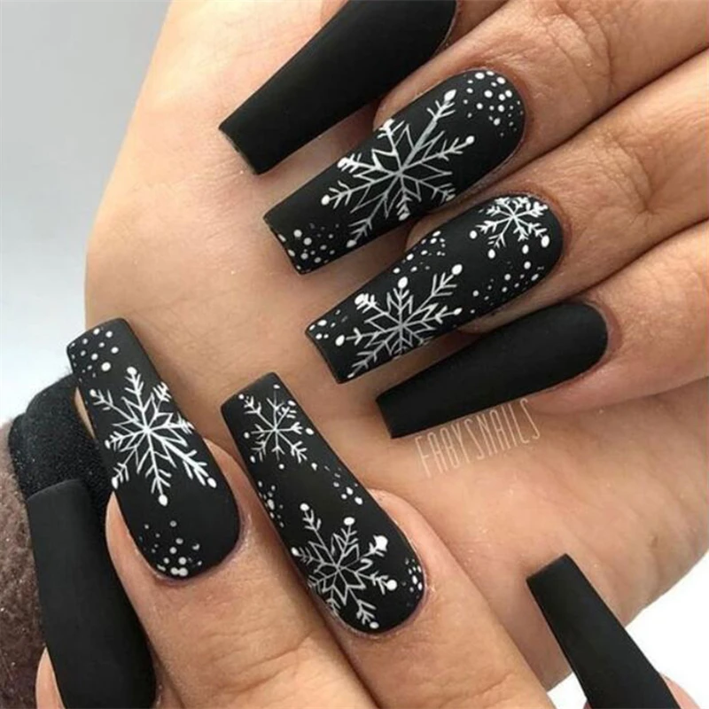 

CY132 Reusable Adhesive False Nails Set Extra Long Coffin Black Press on Nails with Snow Designs