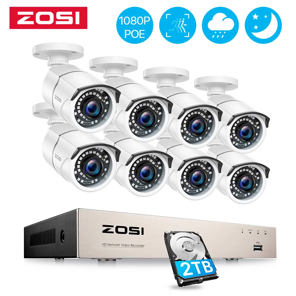 

ZOSI 8CH H.265 NVR 5MP IP Network POE Video Record 8pcs 1080P IR Outdoor CCTV Security Camera System Home video Surveillance kit