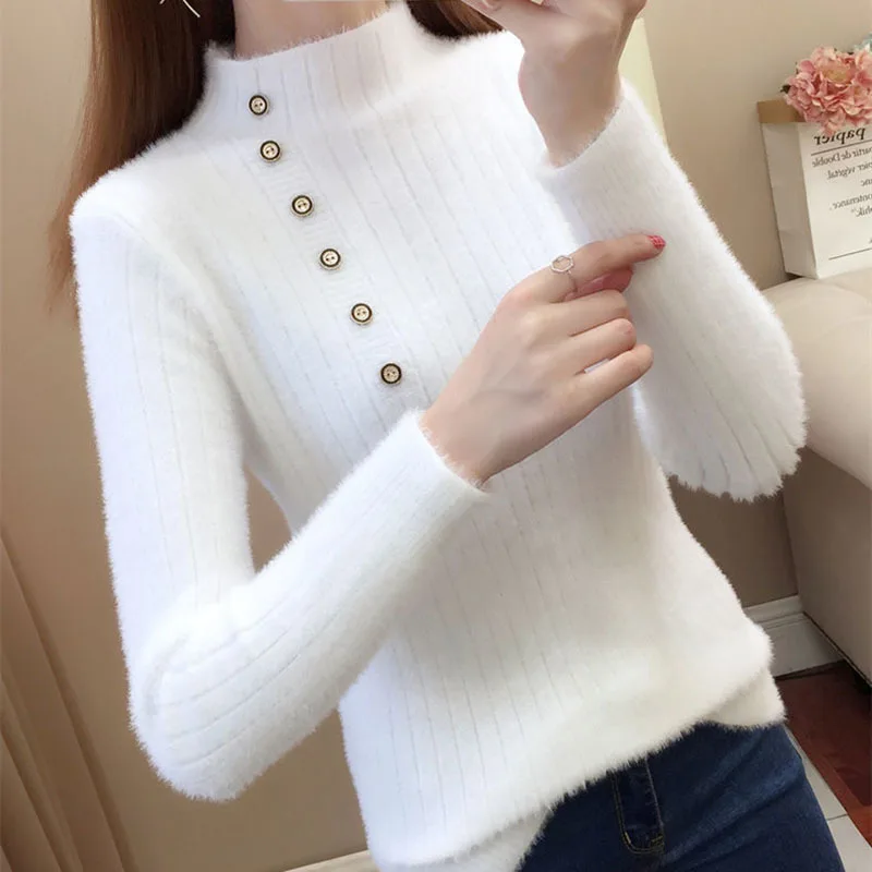 

Turtleneck Faux Mink Velvet Button Bottom Slim Sweaters Women Warm Knitted Sweater Pullover Female Winter Solid