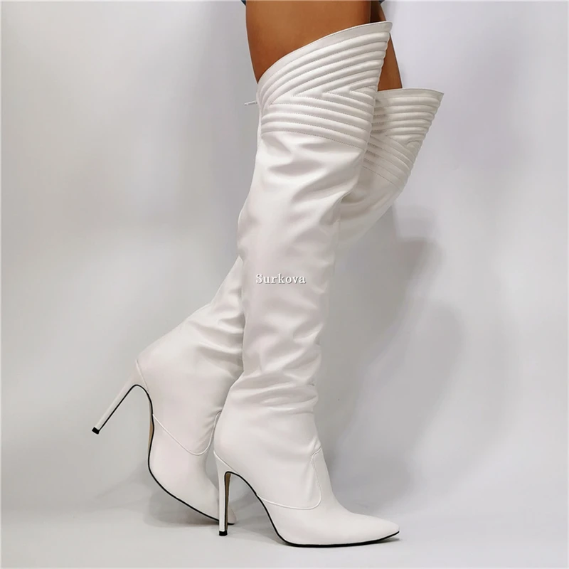 Fantasy White Over The Knee Boots Woman Sexy Pointed Toe Super High Heels Thigh High Boots Fashion Dress Zipper Thin Heels Shoes