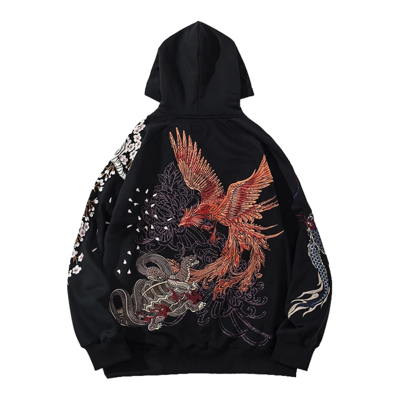 New Japanese Streetwear Hoodie Hip Hop Sweatshirt Embroidered Tiger Phoenix Hooded Mens Harajuku Cotton Casual Pullover Black