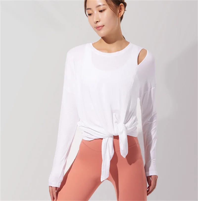 

Autumn Women's Yoga Long Sleeve Side Open Loose Shirts Fitness Gym Running Tank Long Type O-neck Fitness Blouse