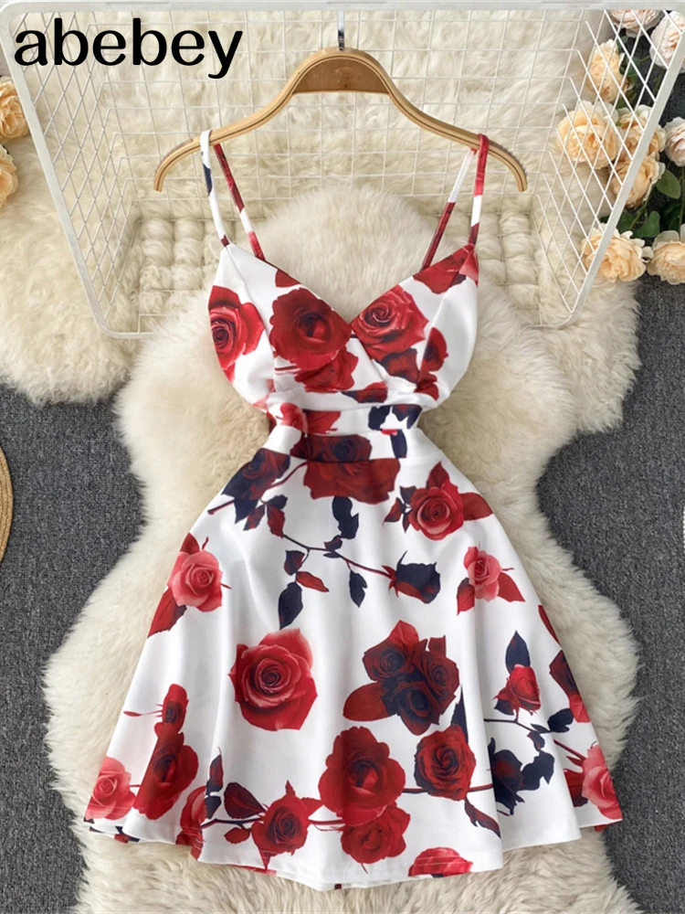 

Summer Sexy Mini Sweet Dress Women Floral Print High Waist Strapless Elegant Dress Backlesss High Wasit Party Casual Dress