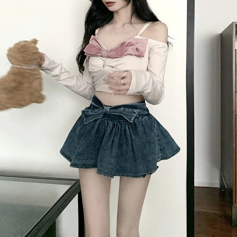 Harajuku Punk Y2K Denim Mini Pleated Skirt Lady Summer High Waist Jeans Shorts Skirts Women Ruffles Fashion Korean Shorts Skirts