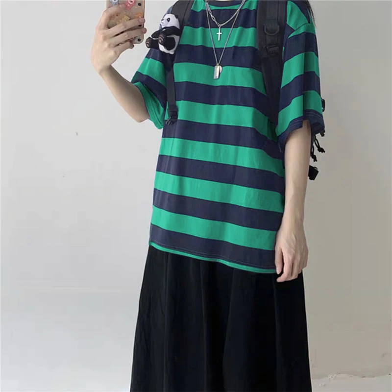 

Women T-Shirts Harajuku Goth Punk stripe Print Short Sleeve Loose Clothes Oversized T Shirt Female green Tops Hip Hop Tee Shirt