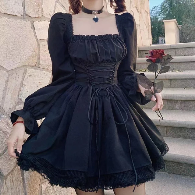 Long Sleeves Lolita Black Dress Goth Aesthetic Puff Sleeve High Waist Vintage Bandage Lace Trim Party Gothic Clothes Dress Woman 1