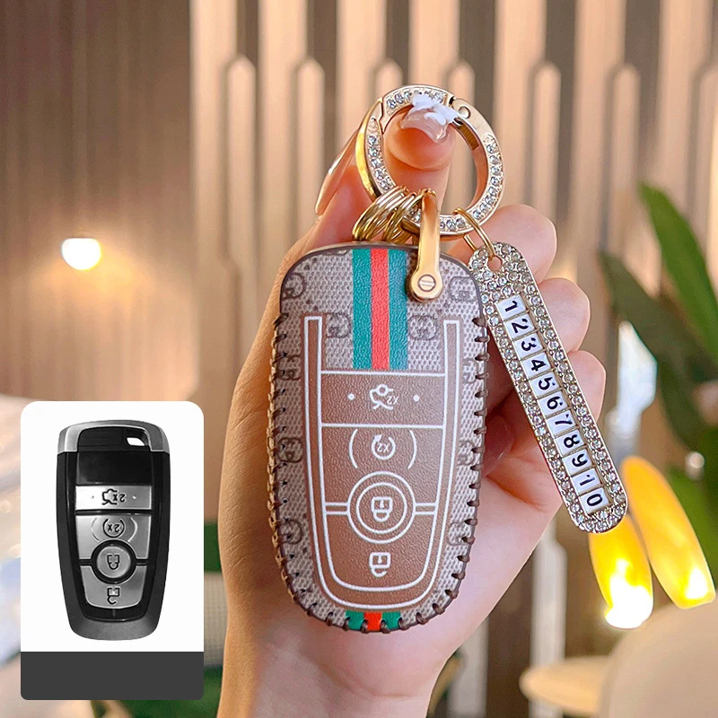 

Leather Car Remote Key Case With Number Plate Cover Protective Shell For Ford MONDEO EDGE Explorer FOCUS ESCAPE ESCORT EcoSport
