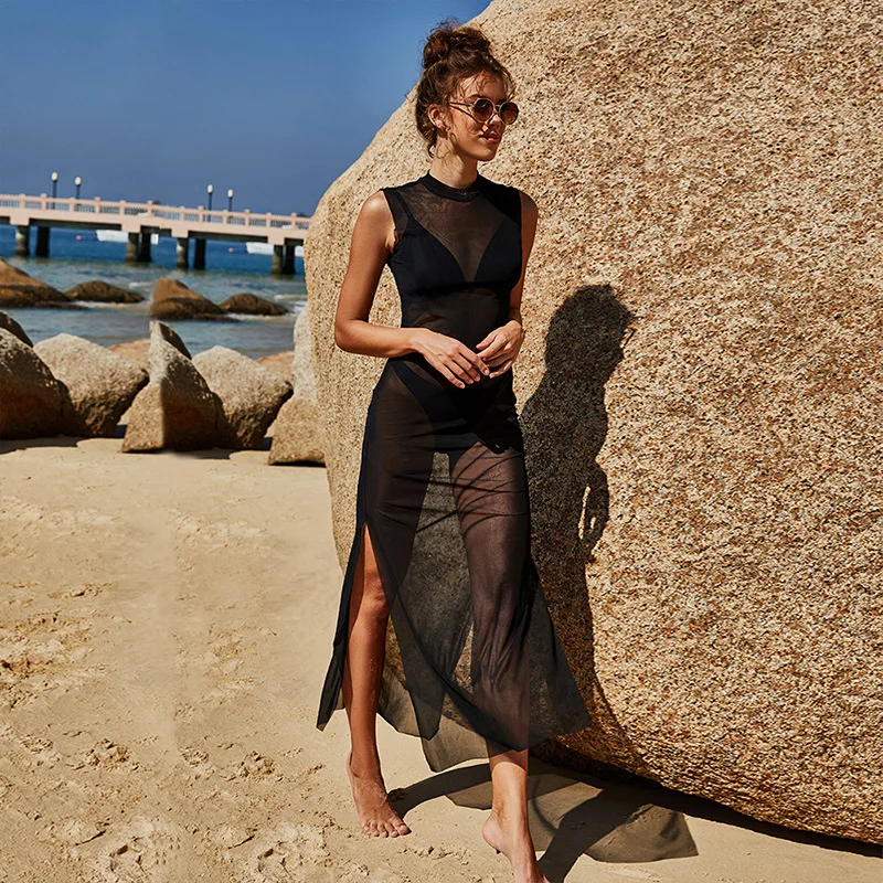 

AGELICALOVE Sexy Black Grenadine Beach Cover up dress Tunic Long Pareos Bikinis Cover ups Swim Cover up Robe Plage Beachwear