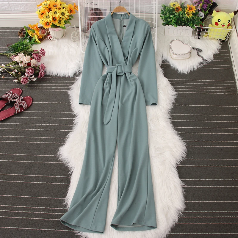 

Женские офисные комбинезоны LY VAREY LIN, однотонные брюки с высокой талией и широкими штанинами, Комбинезоны на шнуровке с длинным рукавом для в...