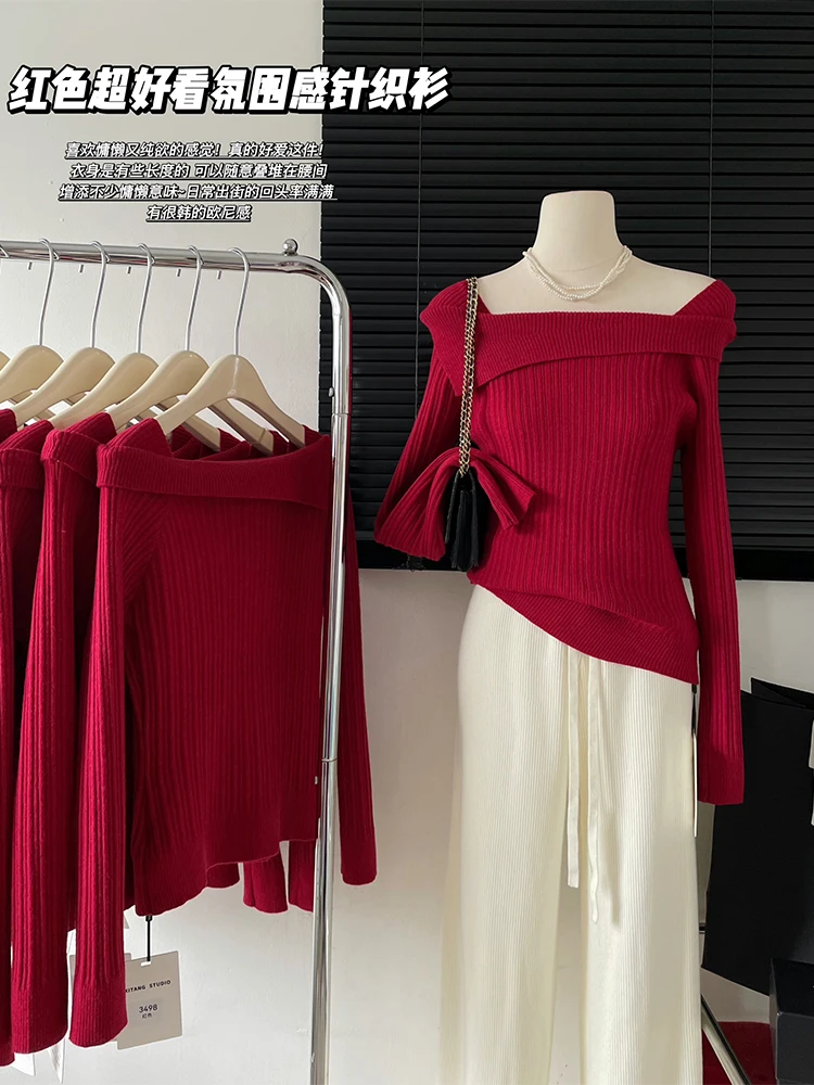 

Женский трикотажный пуловер с воротником-лодочкой и открытыми плечами, Осень-зима 2022