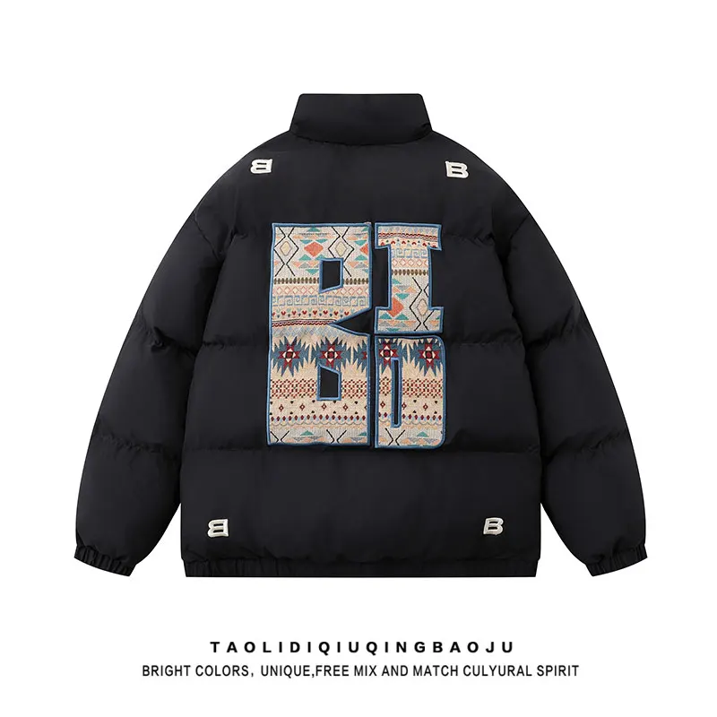 Retro Ethnic Sle Letter Embroidery Stand Collar down Coat Women Winter National Fashion Brand Couple Loose Thickened Cotton...