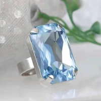 popular big blue faceted rectangle crystal open adjustable ring with rhinestone zircon for women party wedding jewelry