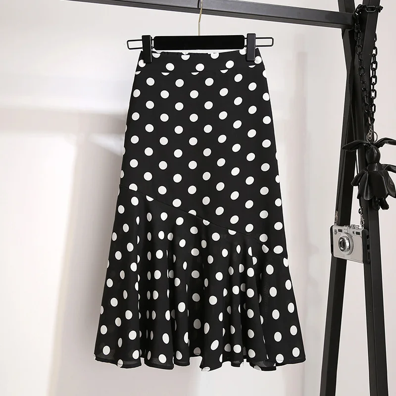 

Large Size Drape Chiffon Skirt Women's Clothing Summer Elastic Waist A-line Stitching Lotus Leaf Polka Dot Fishtail Skirts d99