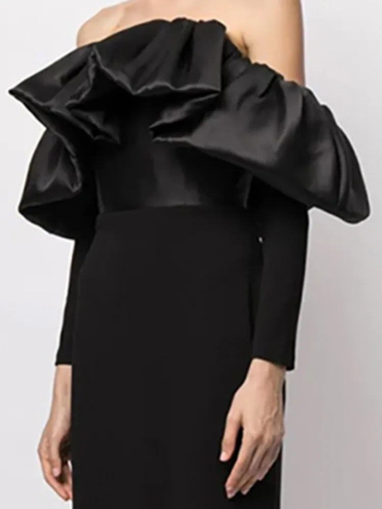 Женское атласное платье без бретелек DEAT элегантное лоскутное с длинным рукавом и