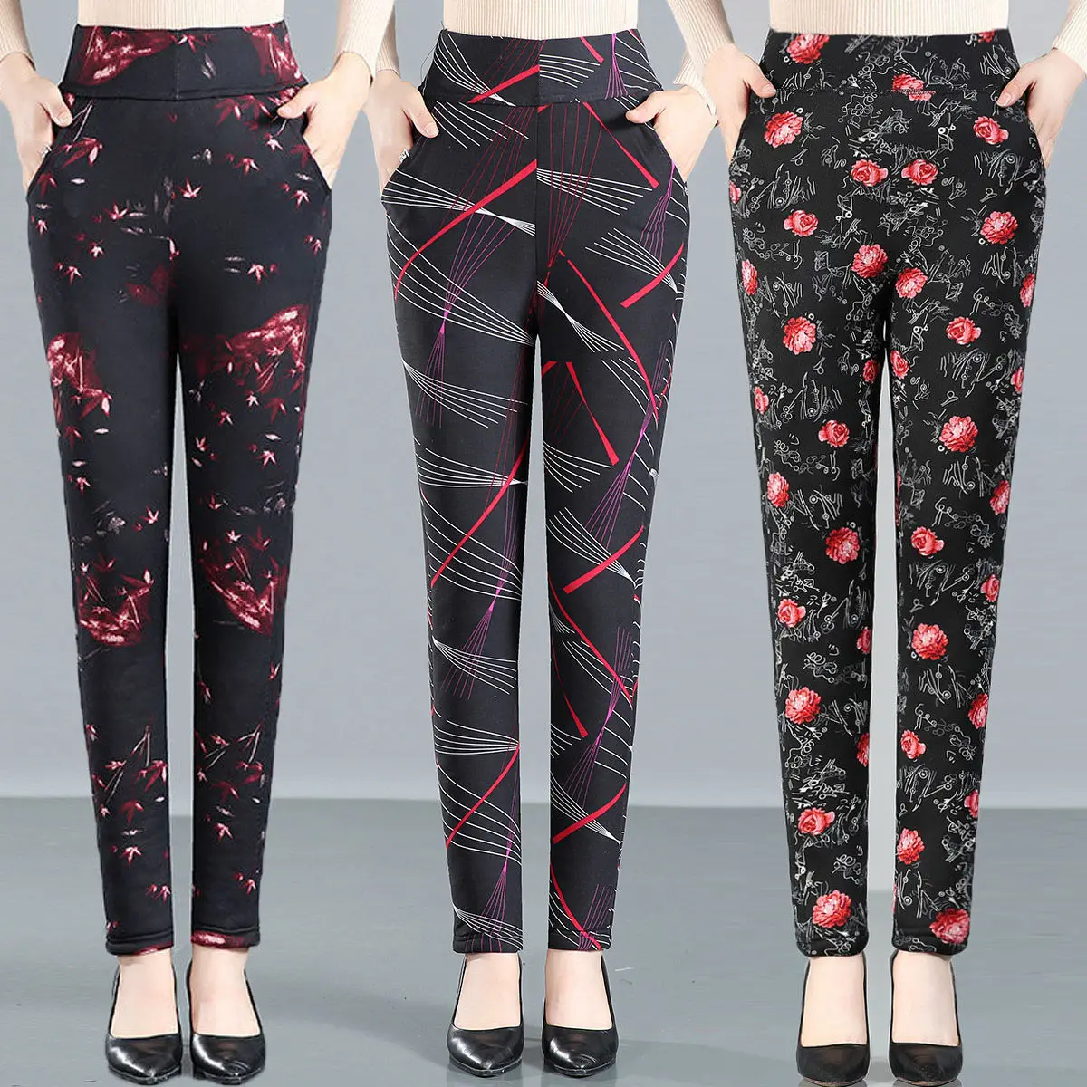 

Middle-aged Mother Thick Cotton Pants Women Trousers Elastic Warm High Waist Pants 2022 Autumn Winter Print Trousers Female J42