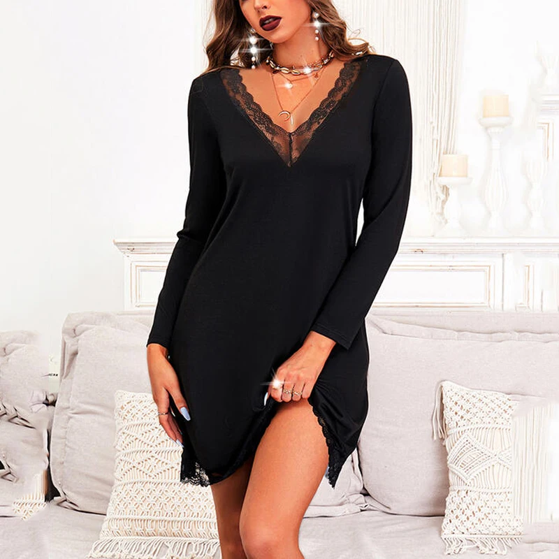 

2022 New Spring Autumn Lace Black Sexy V-neck Plus Size S-5XL Long Sleeve Dresses Women Loose Casual Dress Clothes Dropshipping