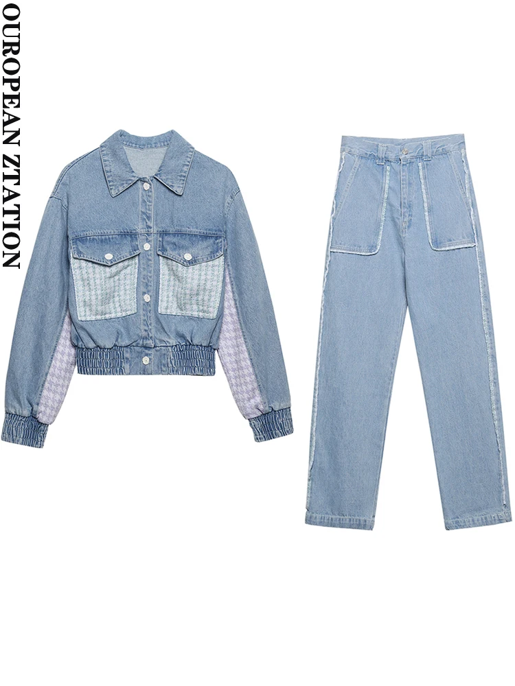 

PAILETE Women 2022 fashion with patchwork flower pearl bead button denim jacket coat or with front pockets high-rise jeans
