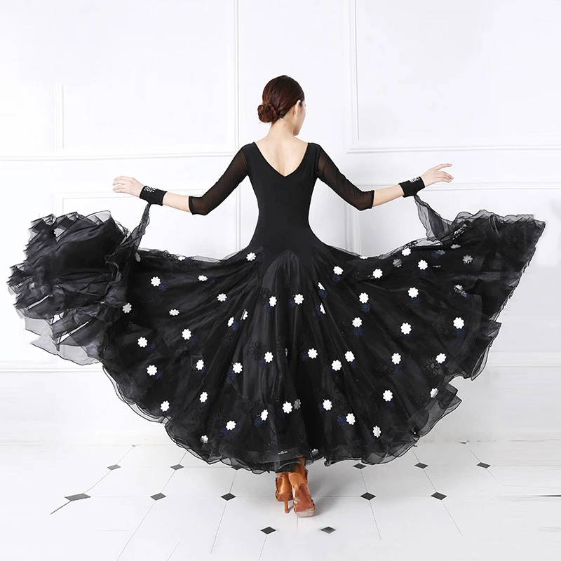 Элегантные стандартные платья для бальных танцев вальса черная волнистая юбка