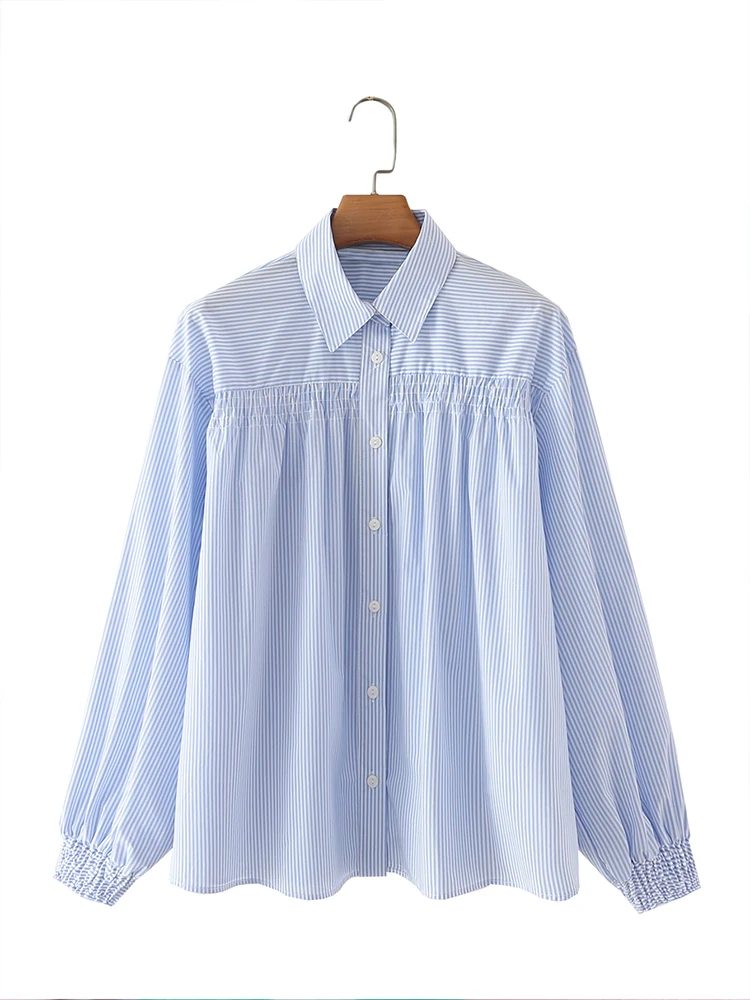 

Женская летняя рубашка в полоску, повседневная однобортная рубашка в стиле ретро с отложным воротником и длинными рукавами, украшенная пер...