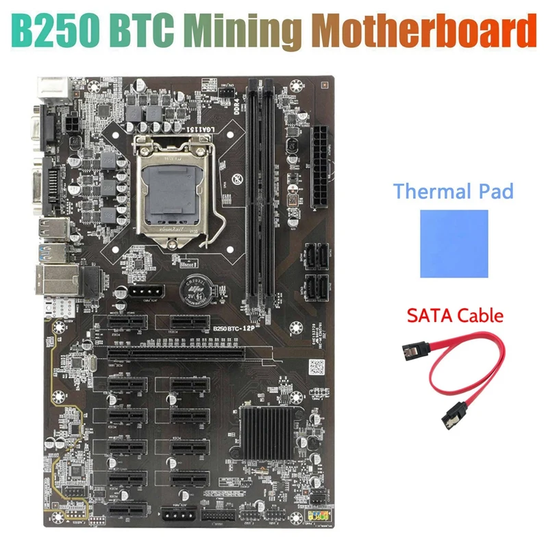 

B250 BTC Mining Motherboard With Thermal Pad+SATA Cable 12Xgraphics Card Slot LGA 1151 USB3.0 SATA 3.0 For BTC Miner