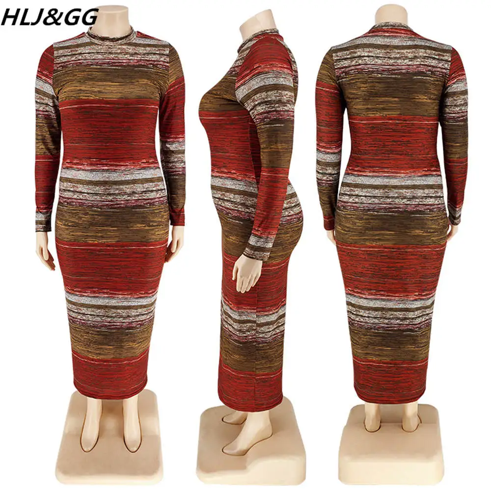 HLJ&GG Plus Size Women Clothing XL-5XL Fashion Vintage Pattern Print Bodycon Mid Dresses Fall Winter Casual Slim Vestidos Dress