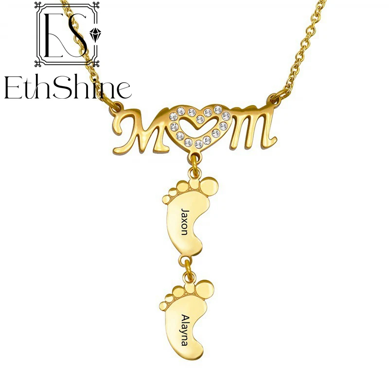 

Personalized Engraved 1-8 Footprints Pendant Necklace Gold Silver Color Custom Name Necklace Family Gifts for Mother's Days Gift