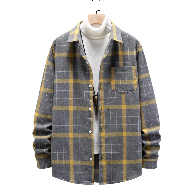 

New Casual Plaid Shirt Long-Sleeved Chest Two Pocket Design Fashion Button Classic Checkered Teenager check color blocking loose