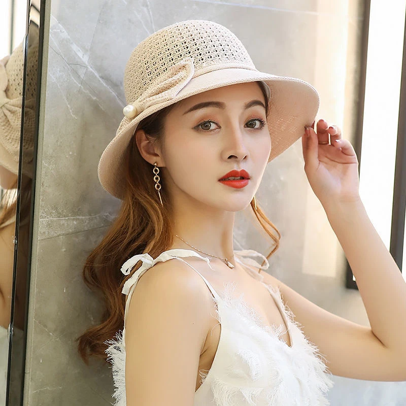 

Summer Ladies Panama Caps Wide Brim Sun Protection Straw Hat Sun Hats Women Hat Bowknot Ribbon Girls Outdoor Beach Bucket Hat