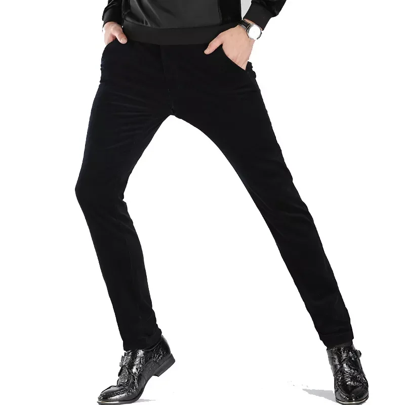 

New2022 and Winter Men's Corduroy Thick Casual Pants Business Fashion Stretch Slim Trousers Male Brand Brown Red Wine Navy B