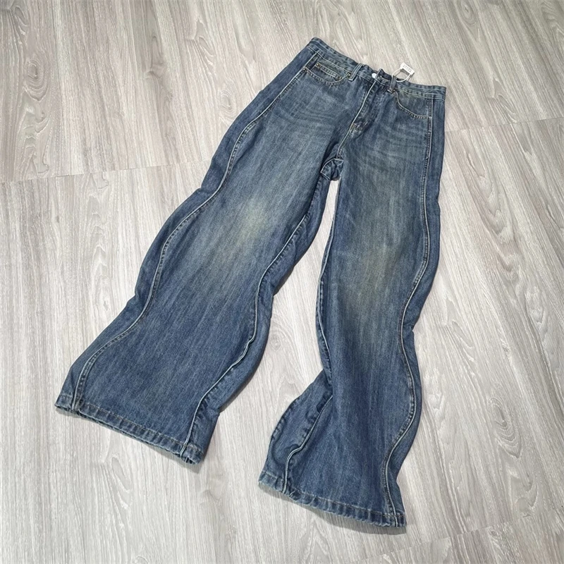 

23SS New Fasion Wave Jeans Men Women Blue Light Washed Heavy Fabric Oversize Denim Trouser Kanye West