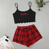 new silk pajamas for women letter honey printed suspender top and plaid printed shorts home clothes set lingerie pijama