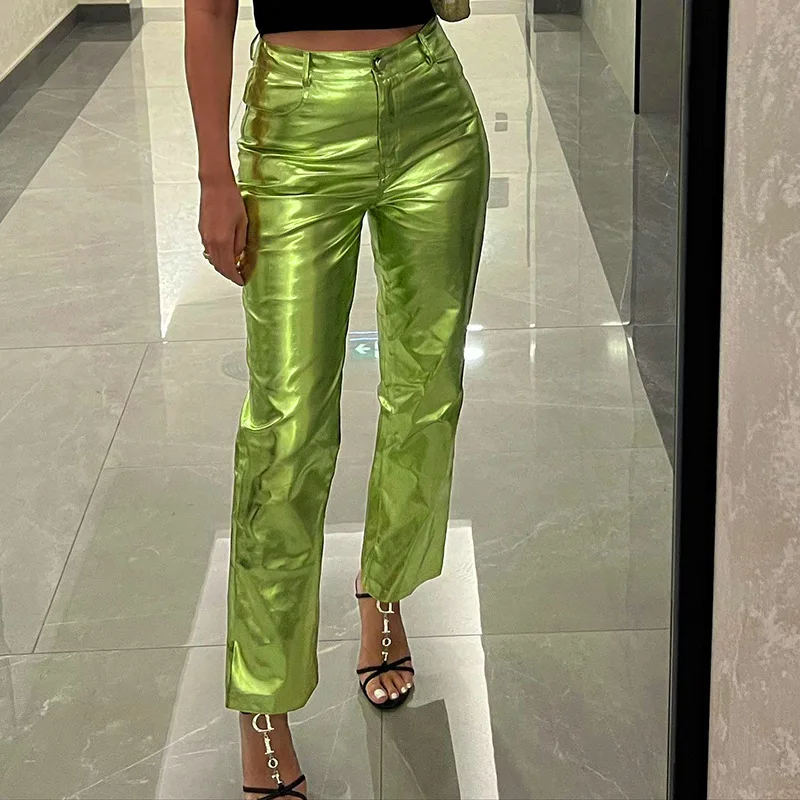 

2023 Shiny Gilding PU Leather Pants Women High Waist Button Fly Straight Trousers Fashion Casual Streetwear Y2K Clothes Bottom