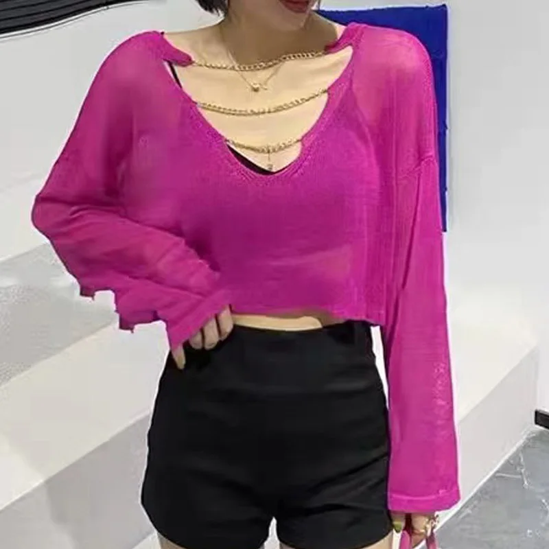 

Long-Sleeved Round Neck Women'S Summer Sexy Hollow Backless Ice Silk Fashion Loose Sweater All-Match Solid Color Thin Top