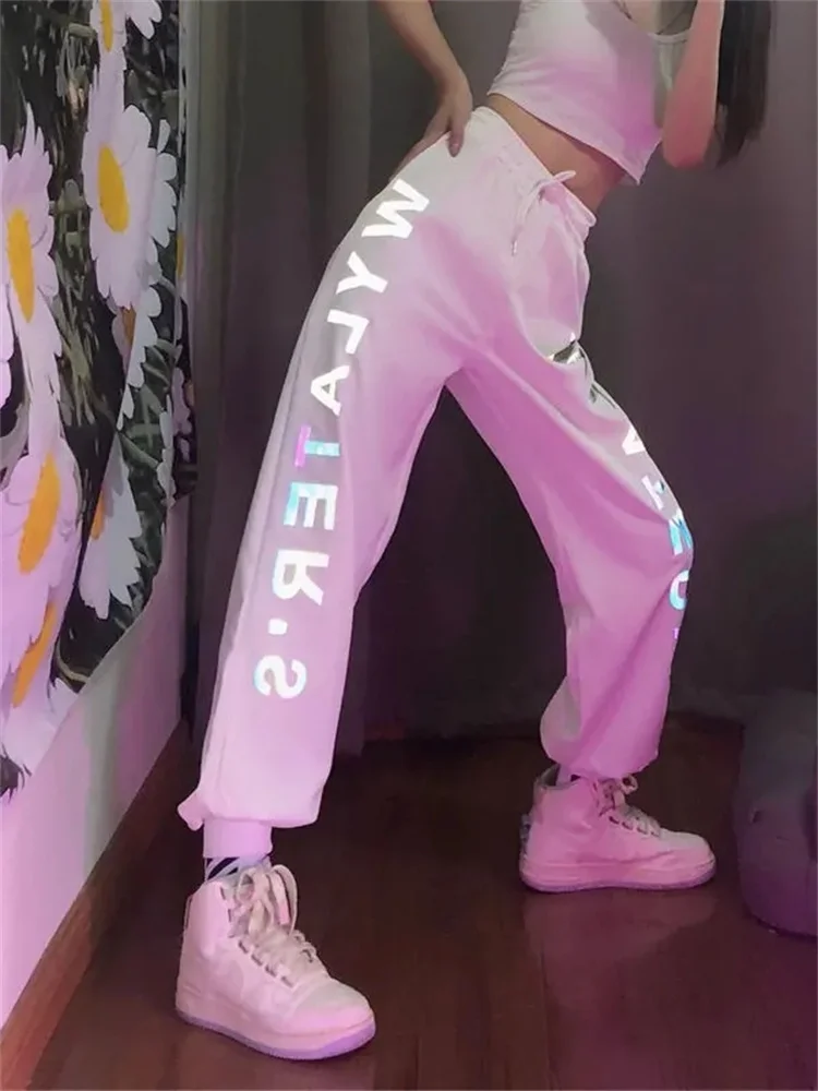 

Брюки QWEEK Techwear Женские Светоотражающие, спортивные штаны-багги для бега в стиле Харадзюку, уличные Джоггеры в стиле оверсайз, летние