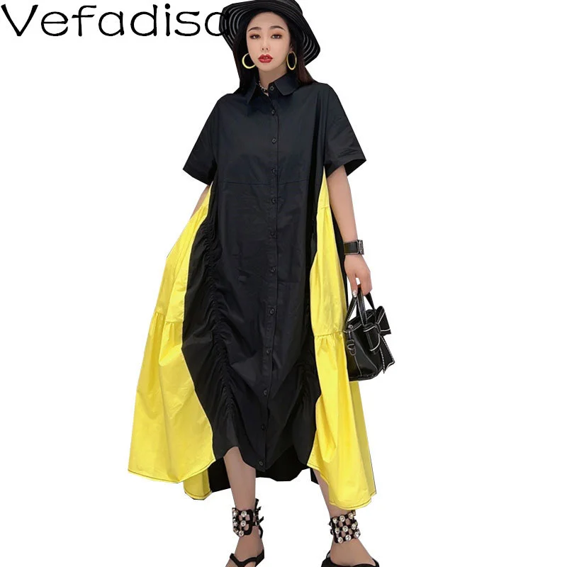 

Vefadisa Women Short Sleeve Shirt Dress 2023 Summer Fashion Loose Mid-length Stitching Color Telescopic A-line Dress LHX586