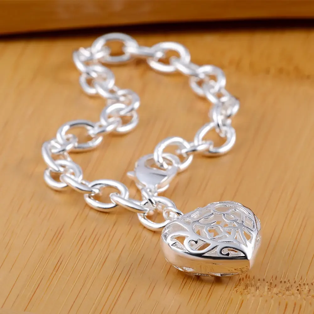 

Pretty Romantic Hollow Heart 925 Sterling Silver Bracelet for Woman Fashion Noble Jewelry Wedding Party Gifts Temperament