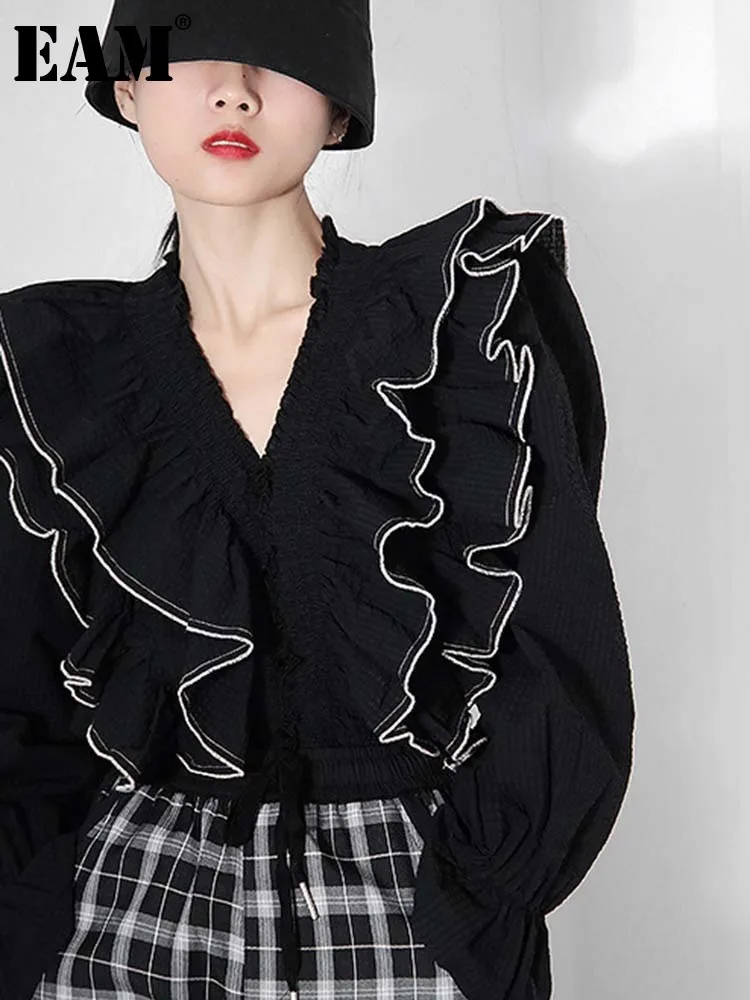 

[EAM] Women Blue Ruffles Elegant Big Size Blouse New V-neck Long Sleeve Loose Fit Shirt Fashion Tide Spring Autumn 2022 1DE9081