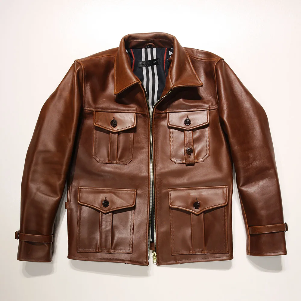 

Spring Autumn Men's Brown Leather Motorcycle Riding Jacket Natural Horween First Layer Cowhide Biker Stand Up Collar Asian Size