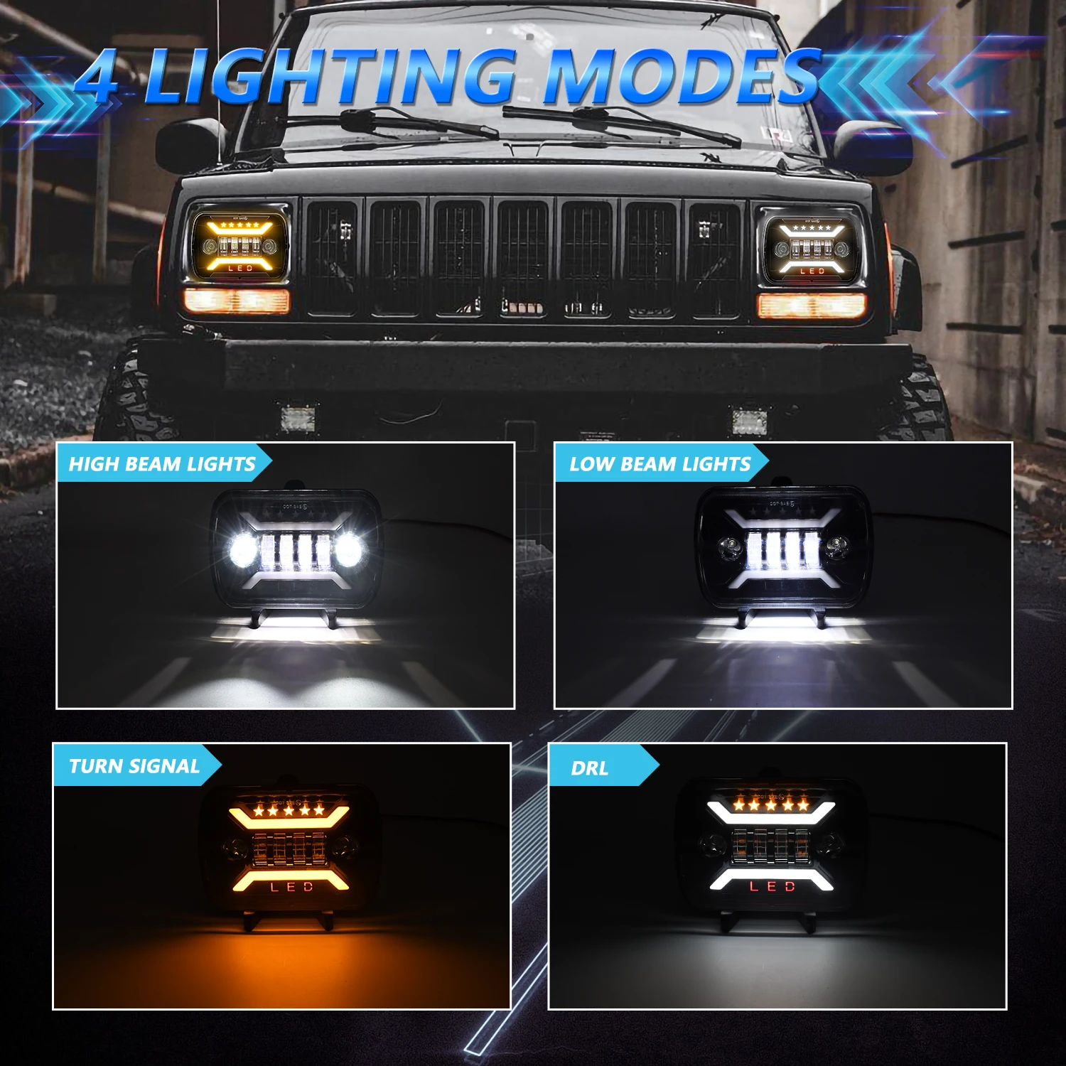 Фото Передние фары MONDEVIEW H4 5x7 7x6, квадратные фары Wrangler 2000 Вт, высокая мощность 6000 лм, высокая яркость K, белые фонари для автомобиля №2