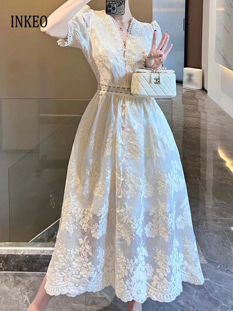 Элегантное женское кружевное платье миди с вышивкой бежевого цвета новинка 2024