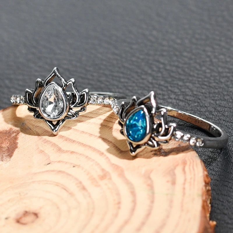 

New Geometric Water Drop Shape Crystal Lotus Vintage Ring Simple Fashion Silver Color Women's Ring Exquisite Jewelry Gifts