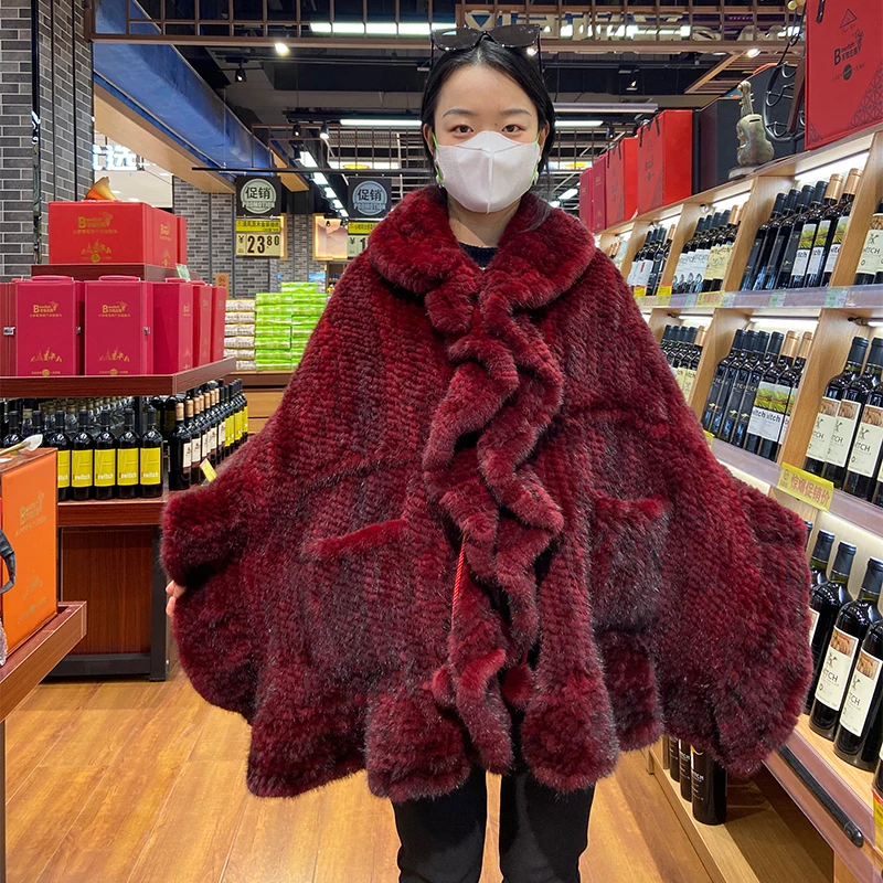 2022 Winter Stunning Quality Hand Knitted Mink Fur Shawl With Pocket Europe Mink Fur Skin Luxury Fur Shawls enlarge